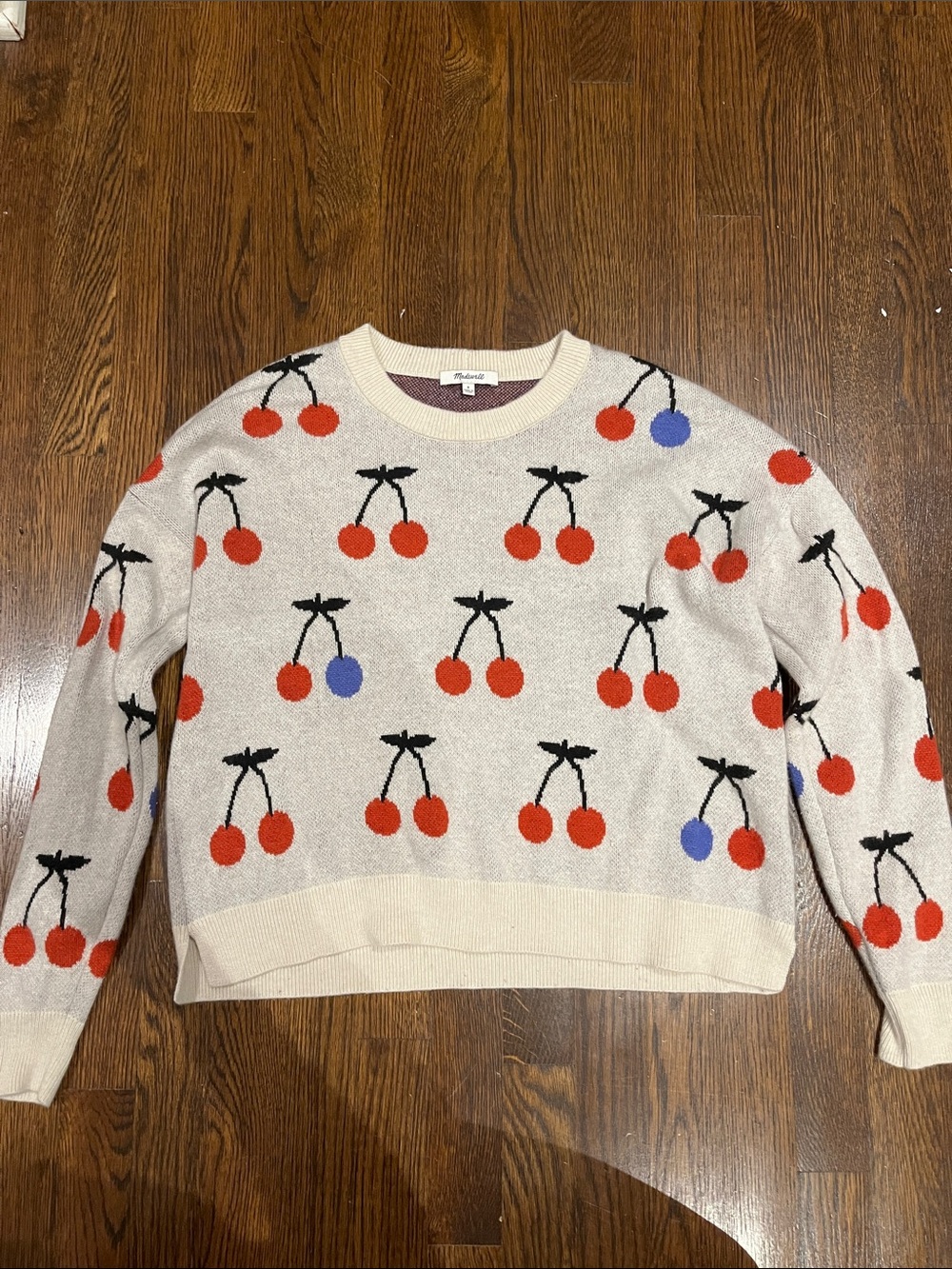 Madewell Cream Cherry-Print Crewneck Sweater with Red & Blue Accents